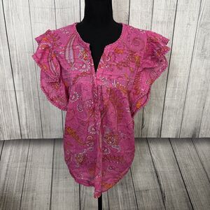 Charlie Paige Women's XL Pink Paisley Half-Buttong Ruffle Sleeve Blouse Top